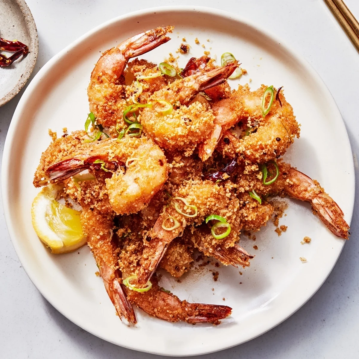 A serving plate of Salt and Pepper Shrimp with steamed rice and chopsticks nearby.
