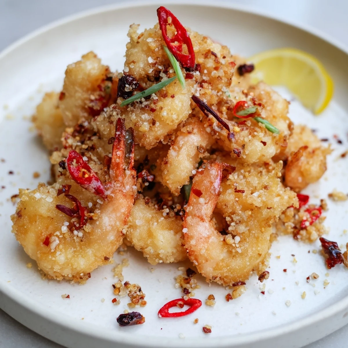 Salt and Pepper Shrimp sizzling in a wok with aromatic garlic and red chili slices.