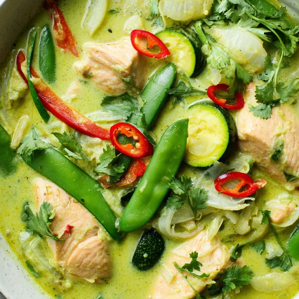 Tender salmon fillets and crisp vegetables swimming in fragrant Green Thai Curry Salmon sauce.