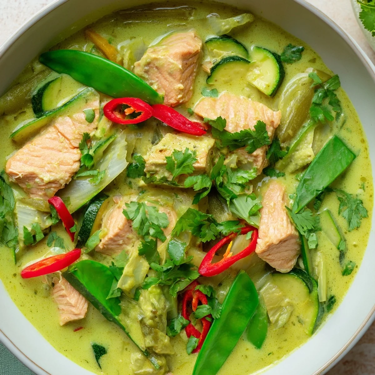 Bright green curry with coconut milk and salmon served steaming over fluffy jasmine rice.