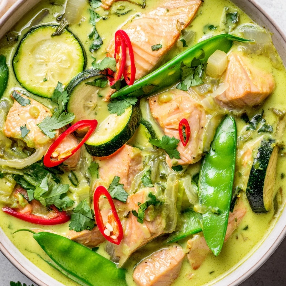 Vibrant Green Thai Curry Salmon simmering with zucchini and peppers, garnished with fresh cilantro.
