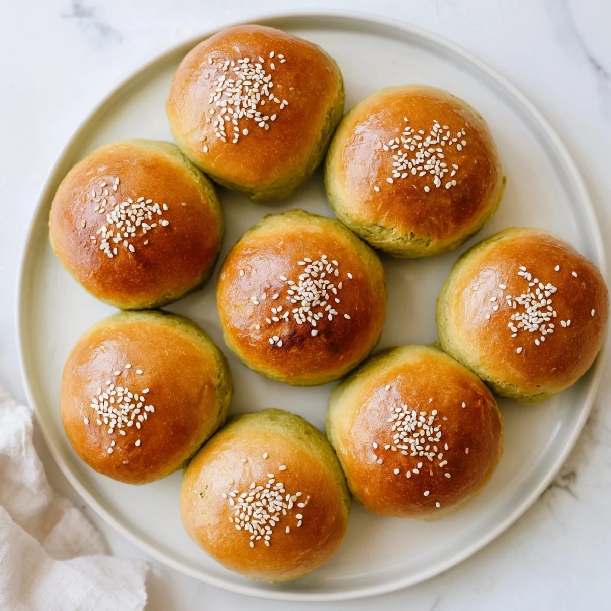 Freshly baked Matcha Red Bean Buns with a vibrant green exterior and a warm, sweet red bean filling.