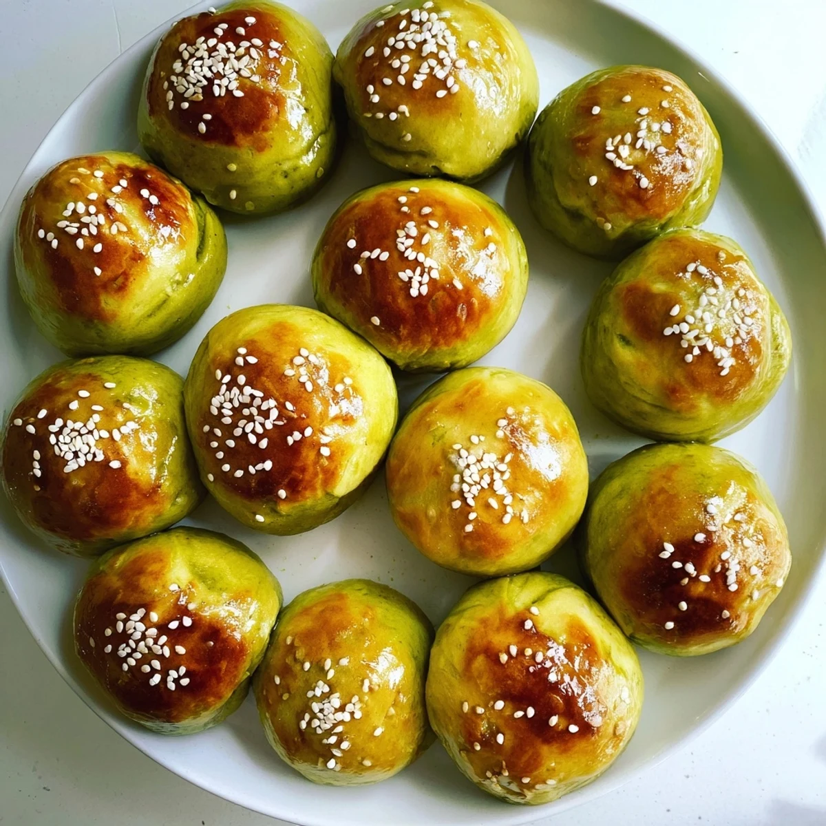 Golden-brown Matcha Red Bean Buns cooling on a rack, showcasing their soft, pillowy texture and sesame seed topping.