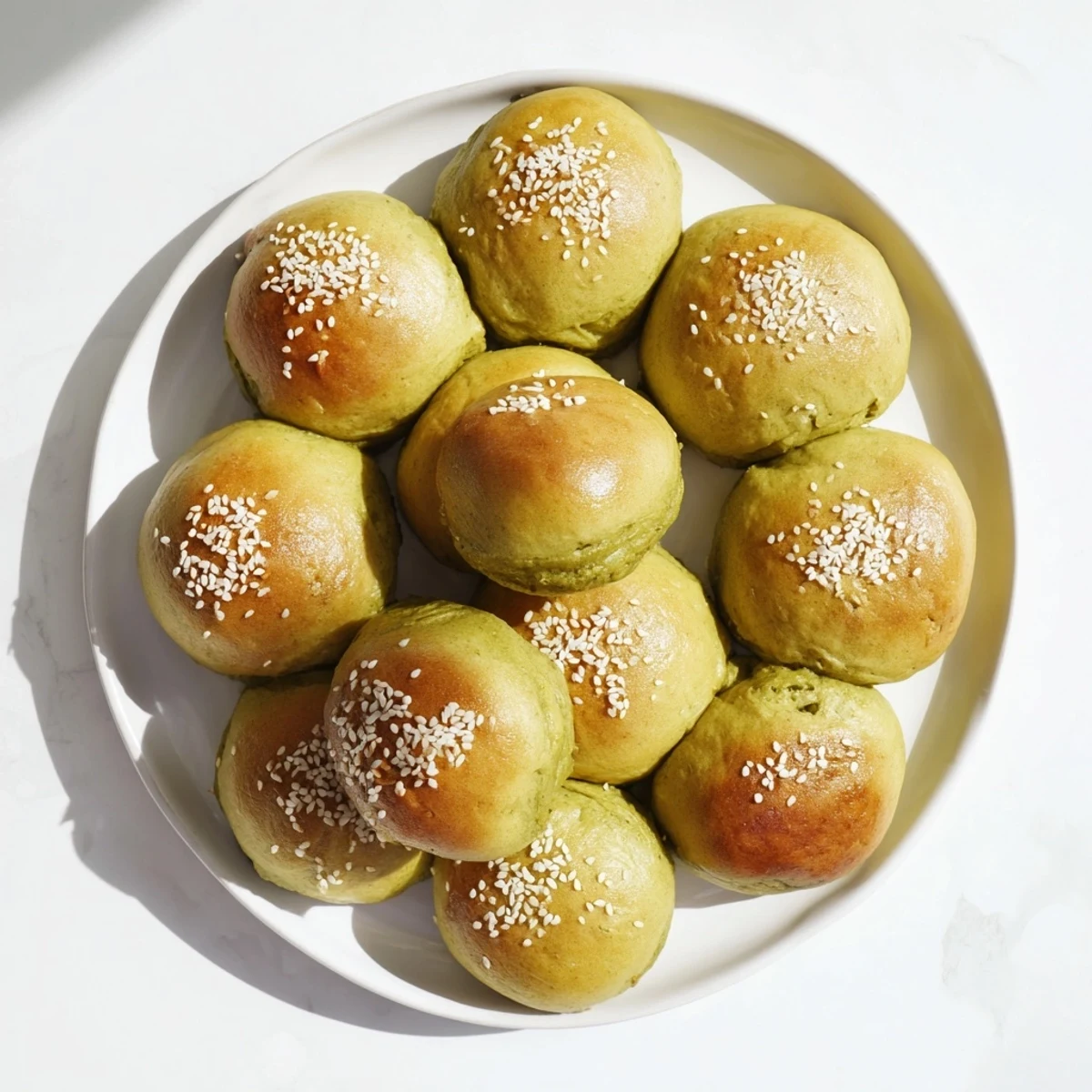 A fluffy Matcha Red Bean Buns served alongside a steaming cup of green tea for a cozy afternoon snack.