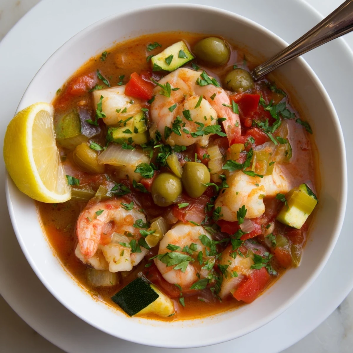 A steaming bowl of Mediterranean Seafood Shrimp Chili with Olives garnished with fresh parsley and lemon wedges.