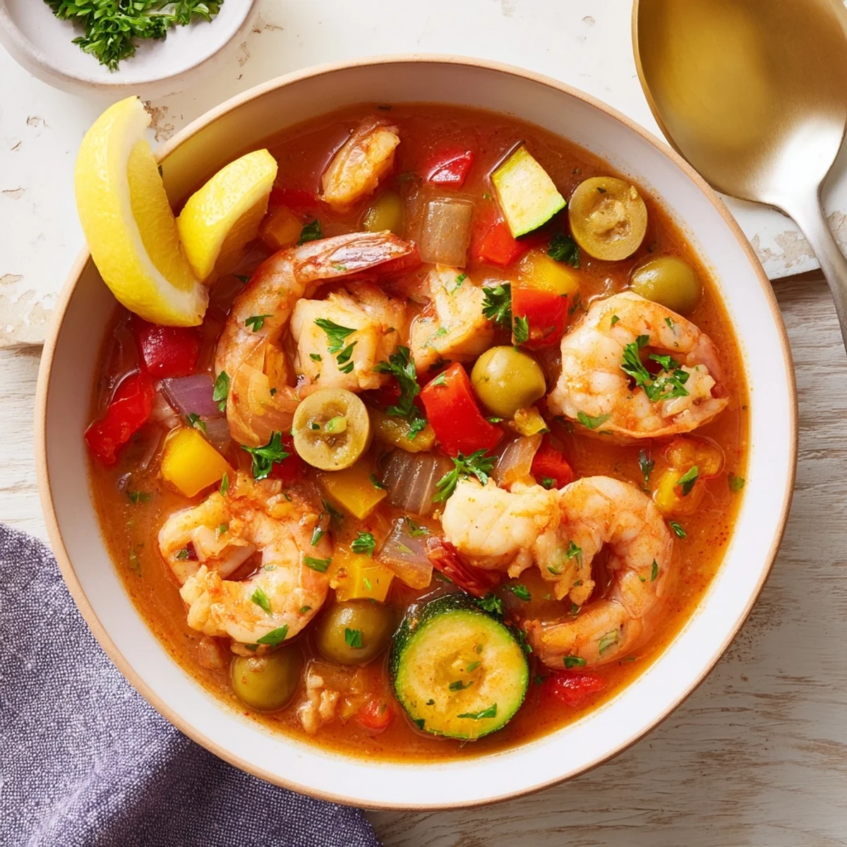 Homemade Mediterranean Seafood Shrimp Chili with Olives served hot, showcasing tender white fish and vibrant red bell peppers.