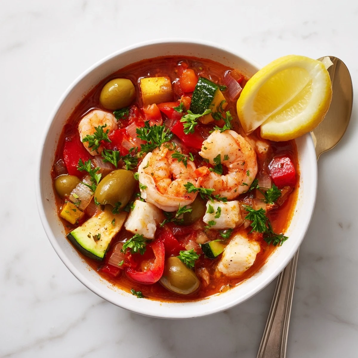 A close-up view of Mediterranean Seafood Shrimp Chili with Olives, featuring succulent shrimp and briny olives in rich broth.