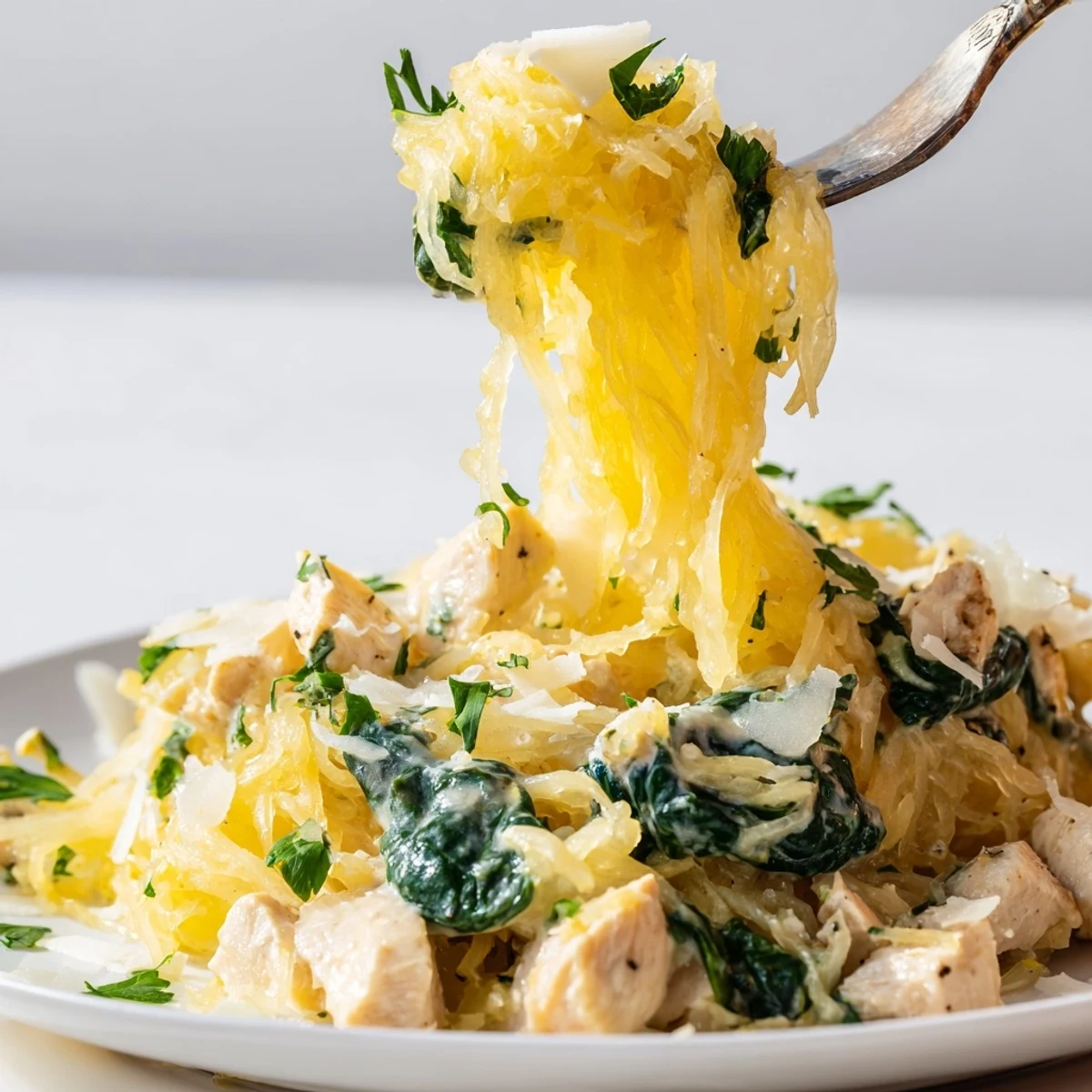 Steaming, creamy Chicken and Spinach Spaghetti Squash Alfredo served in a white bowl with fresh parsley garnish.