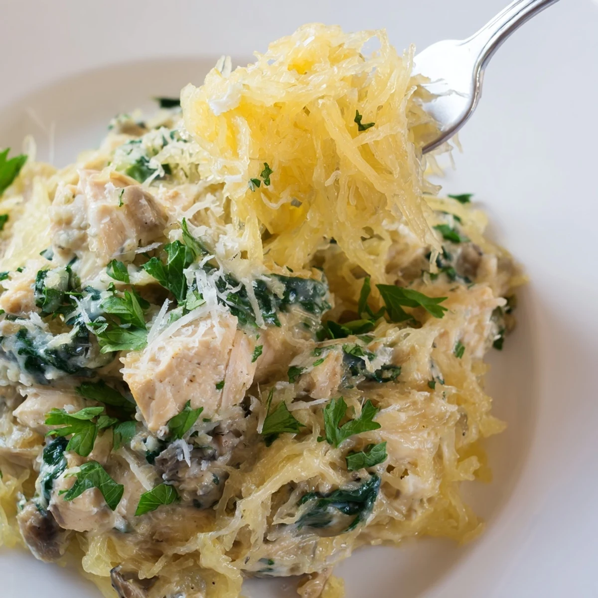 Close-up photo of tender chicken and wilted spinach mixed into golden spaghetti squash noodles with rich Parmesan sauce.