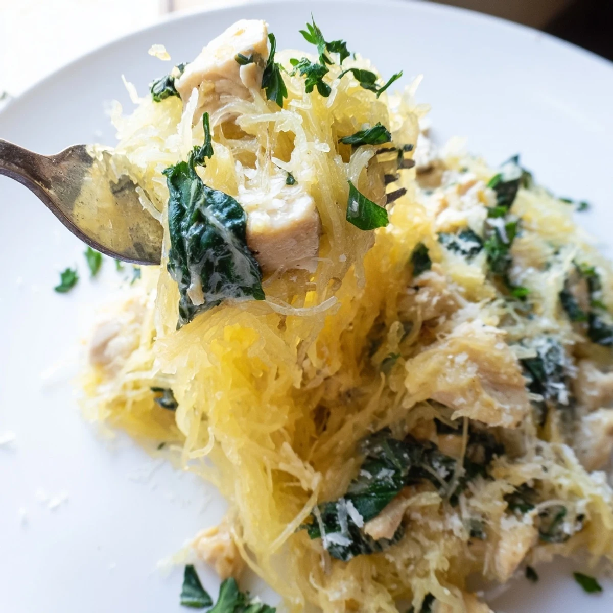 A delicious platter of low-carb Chicken and Spinach Spaghetti Squash Alfredo, perfect for a healthy Italian-American dinner.