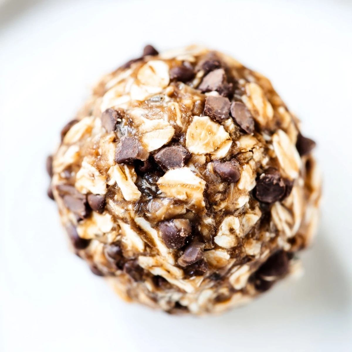 Golden-brown No Bake Chocolate Chip Energy Bites on a white plate, showcasing oats and mini chocolate chips.