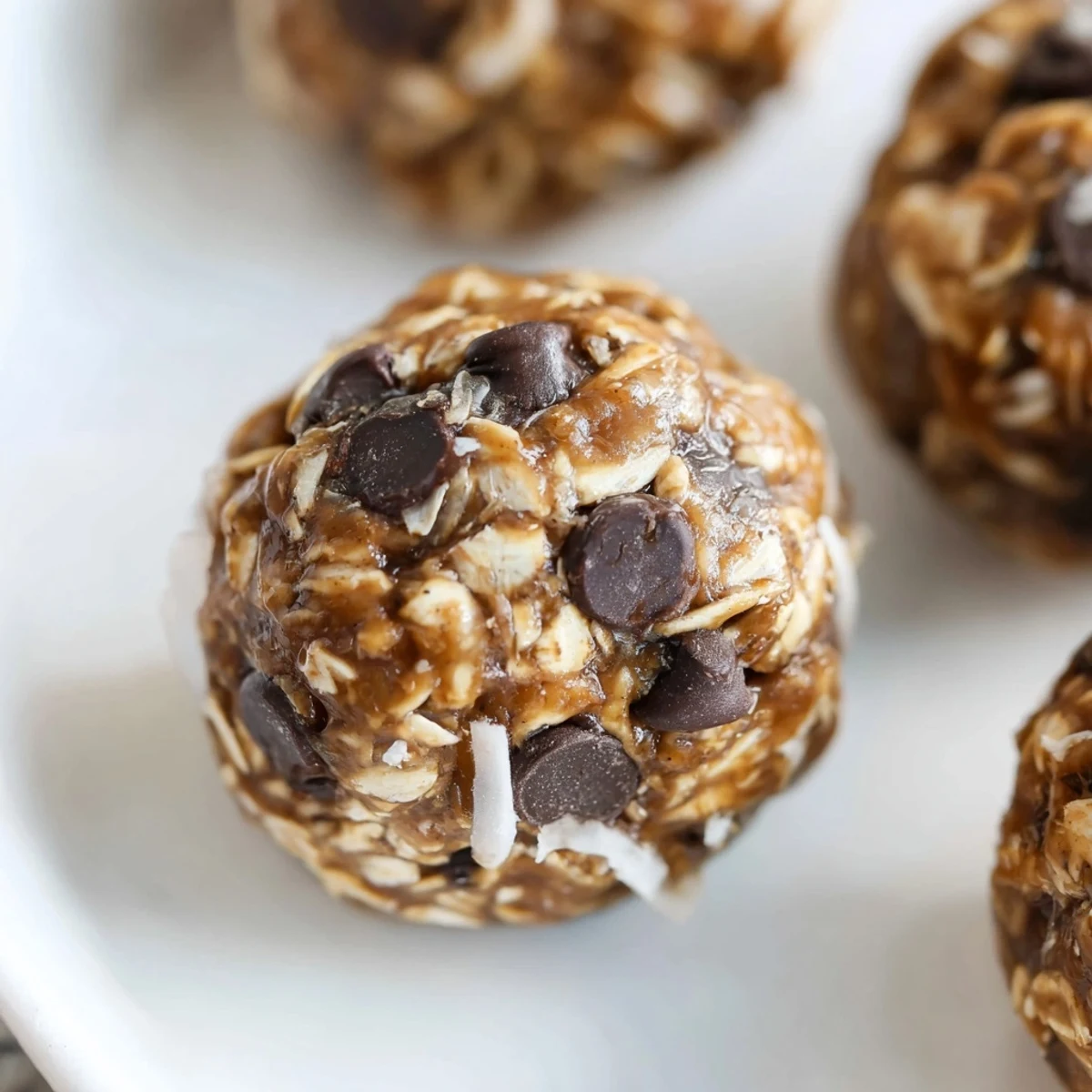 A close-up of No Bake Chocolate Chip Energy Bites with a soft, chewy texture and rolled oats.
