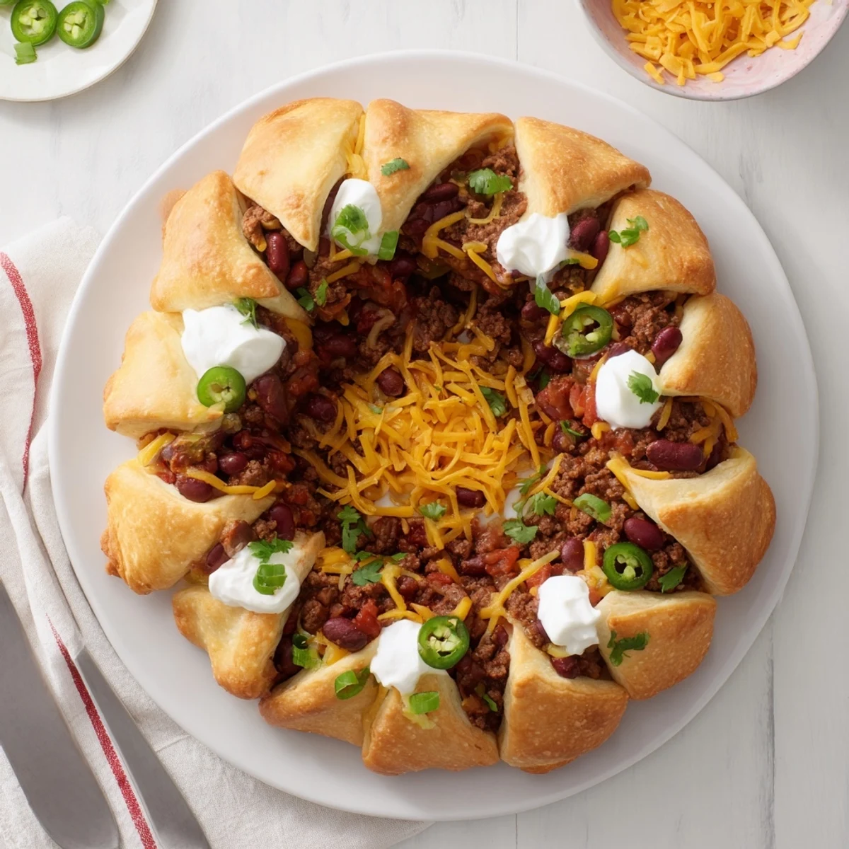 Savory Beef Chili Taco Crescent Roll Ring with flaky crescent pastry, beef filling, and cheese on a baking sheet.