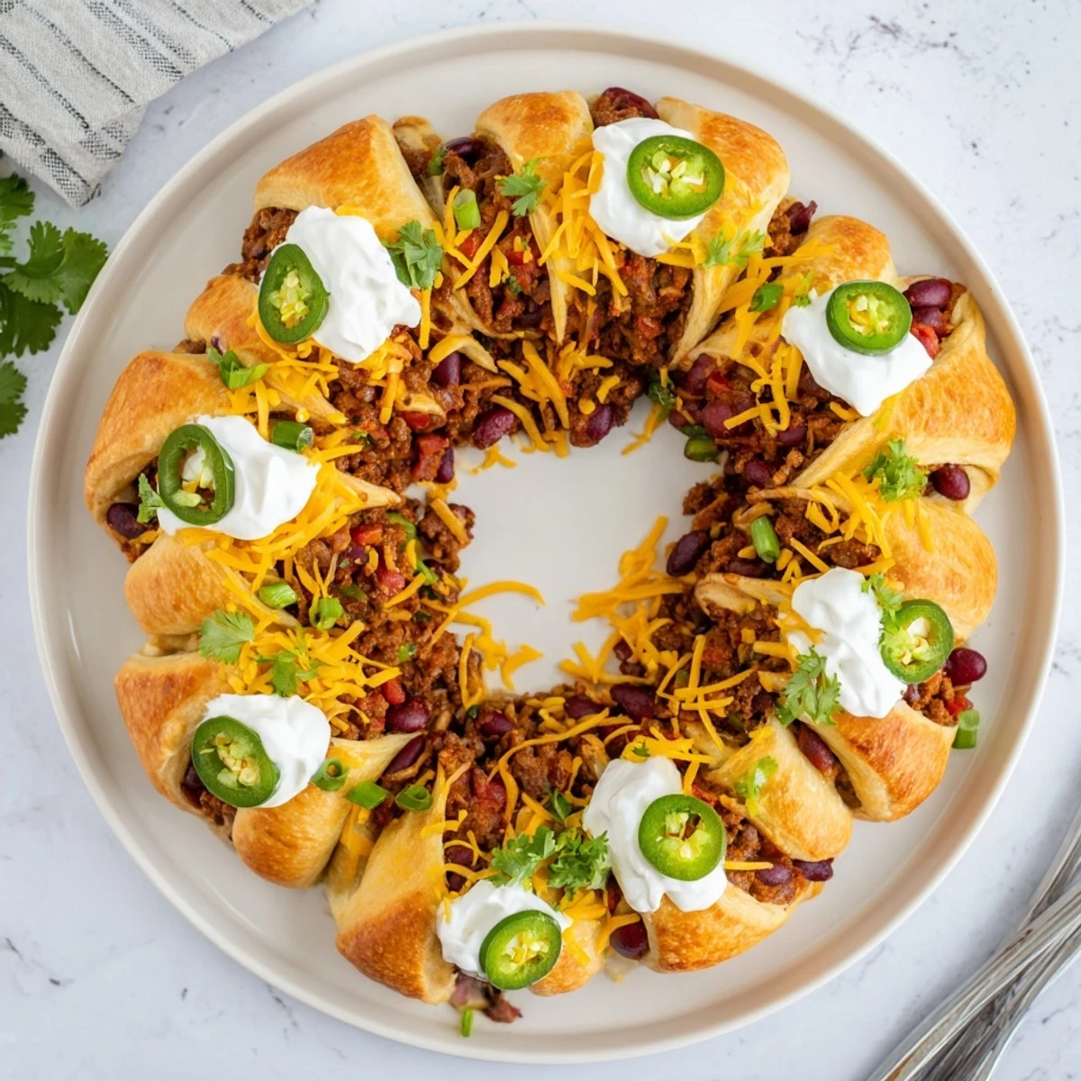Freshly baked Beef Chili Taco Crescent Roll Ring on a white plate, garnished with green onions and cilantro.