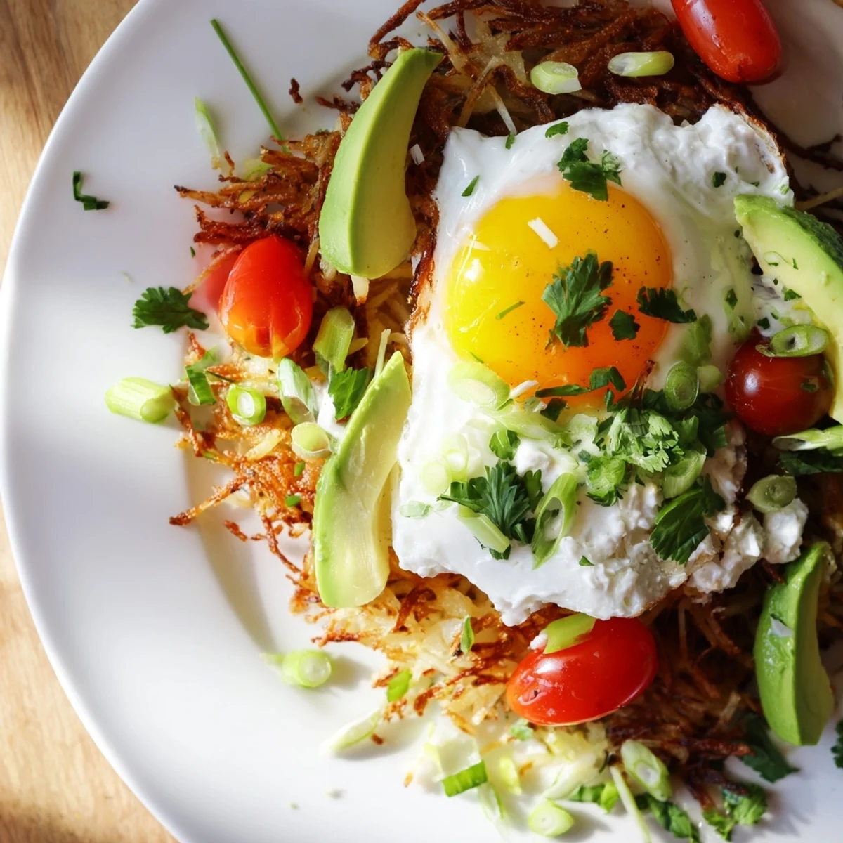 Crispy golden hash browns topped with a fried egg, creamy avocado slices, and a scoop of cottage cheese, garnished with fresh green onions on a white plate.