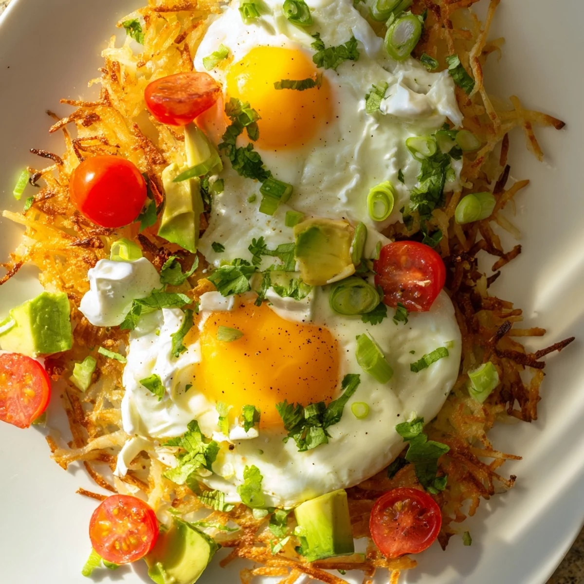 A close-up of this loaded hash browns recipe shows melted butter on sunny side up eggs, fresh cilantro, and a hearty vegetarian gluten-free American breakfast.