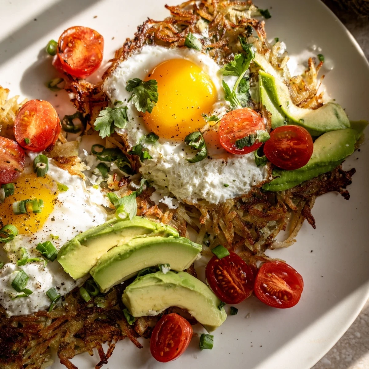 This loaded hash browns recipe features fluffy eggs and vibrant cherry tomatoes, making it a colorful and protein-packed breakfast dish ready to serve immediately.