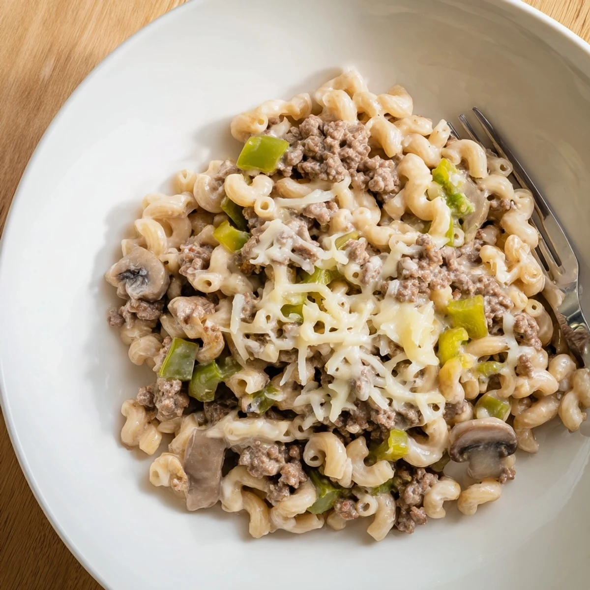 Creamy, cheesy Easy High Protein Philly Cheesesteak Mac with sautéed peppers, onions, and mushrooms in a rustic skillet.