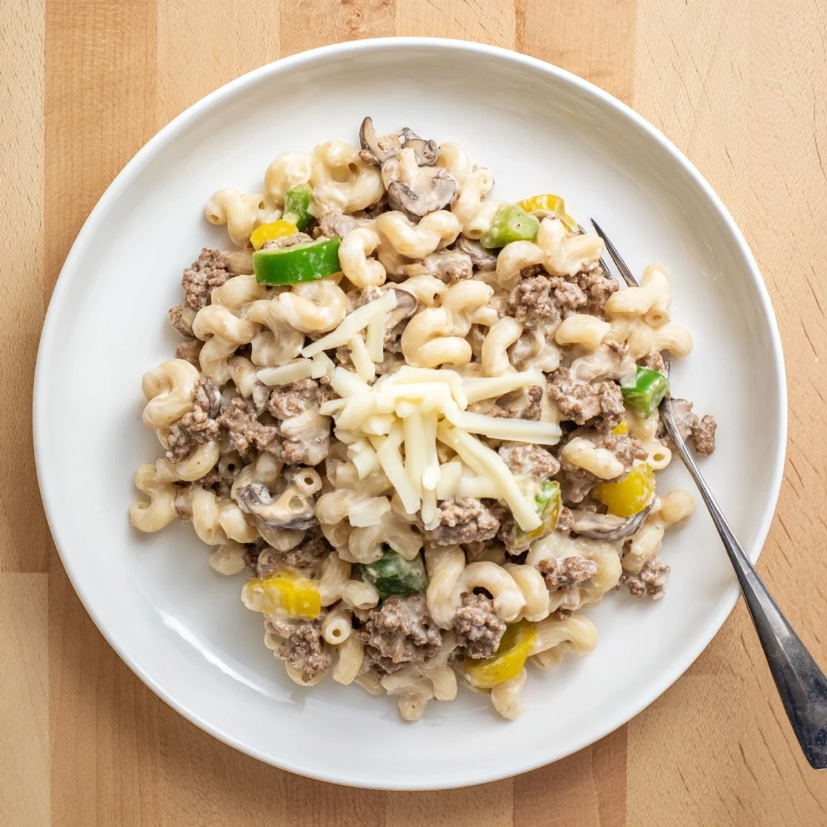 Fork twirling through hearty Easy High Protein Philly Cheesesteak Mac, featuring ground beef and high-protein pasta for a satisfying meal.