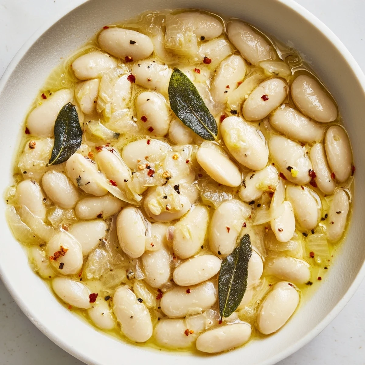 Creamy Tuscan White Beans in a rustic bowl garnished with fresh rosemary and olive oil.  