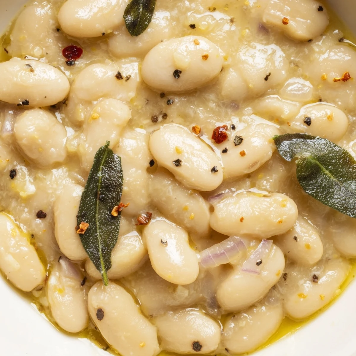Garlicky Tuscan White Beans simmered with herbs, served warm on a wooden table.  