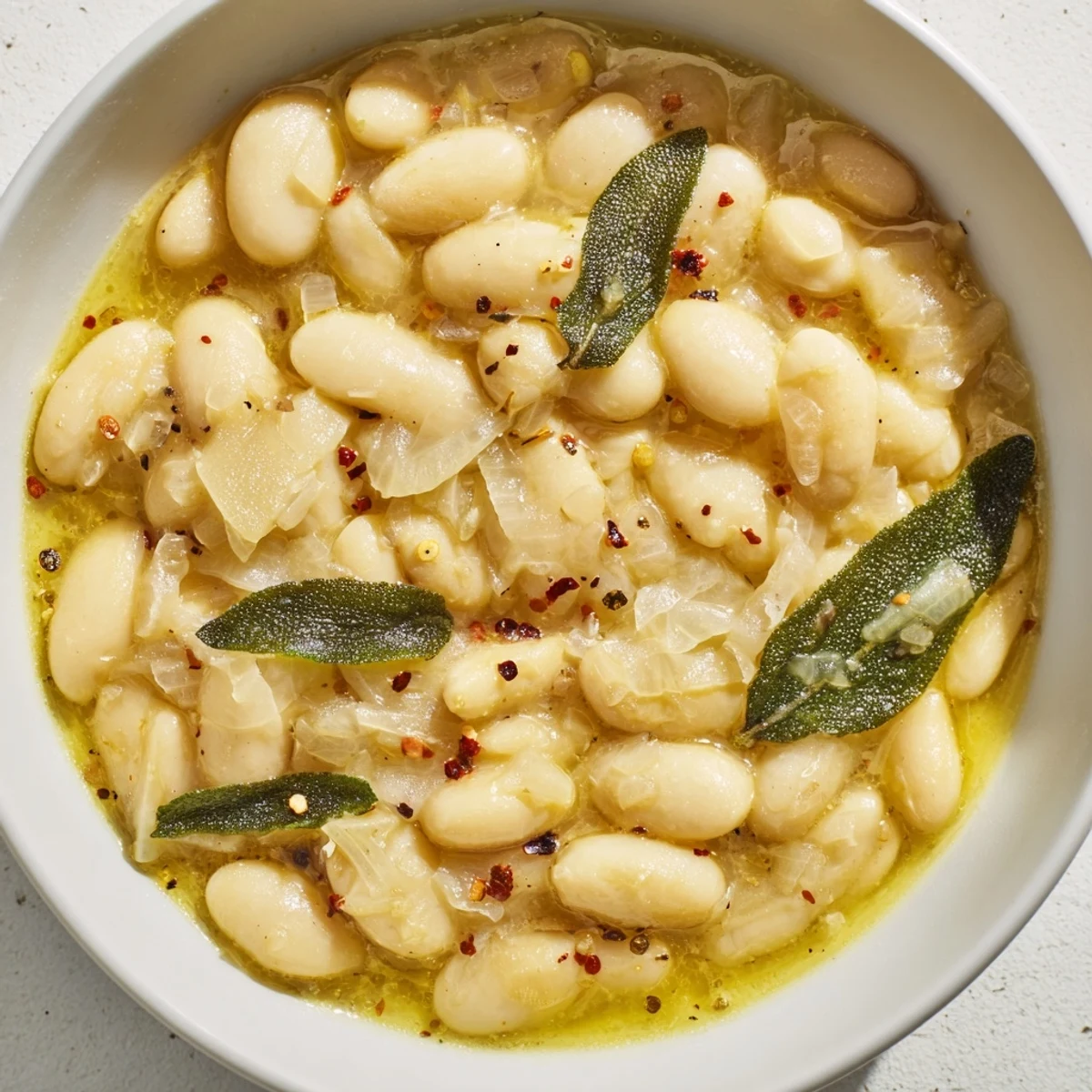 A comforting bowl of Tuscan White Beans with crusty bread and fresh sage garnish.