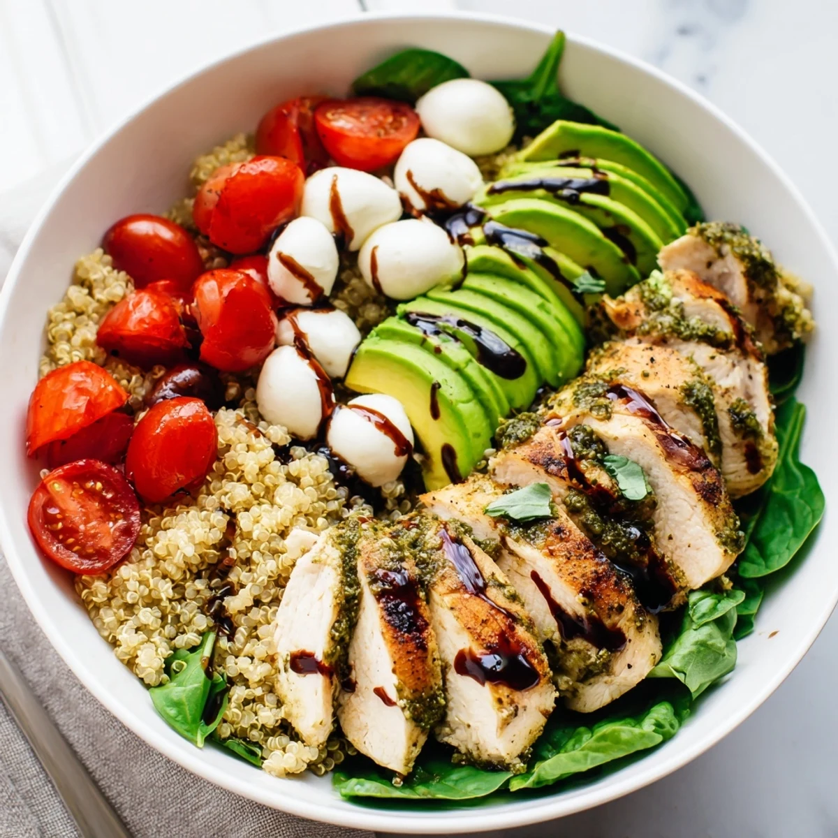Enjoy a wholesome Pesto Chicken Caprese Grain Bowl featuring quinoa, arugula, and colorful fresh Caprese toppings.