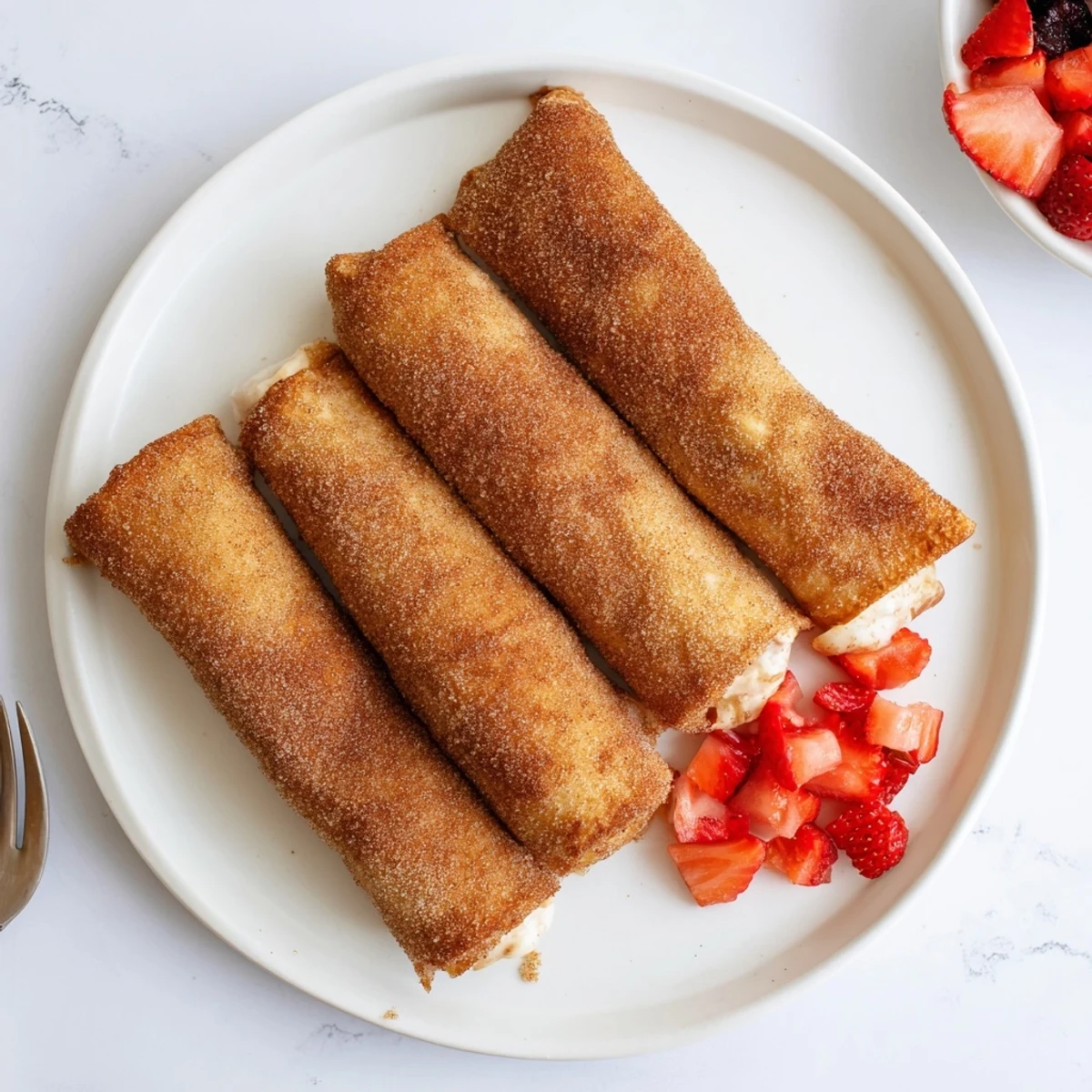 Overhead view of Cheesecake Dessert Chimichangas Cinnamon Sugar Delights on a platter with whipped cream and strawberry garnish.