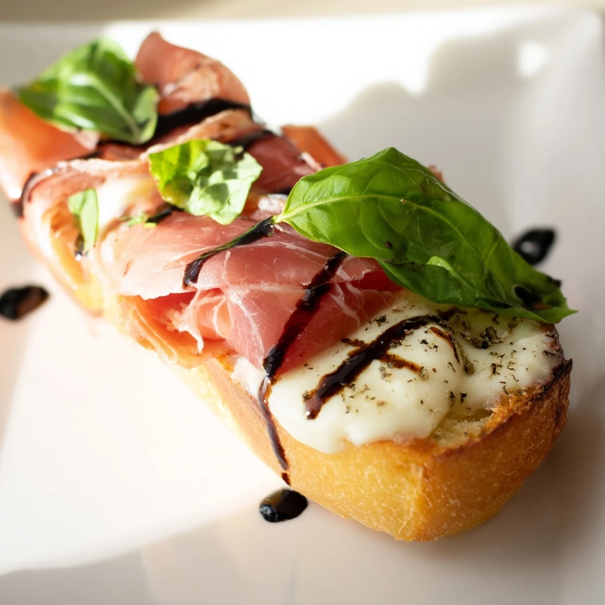 Crispy baguette crostini topped with melted mozzarella, roast beef, and prosciutto garnished with basil and balsamic glaze.