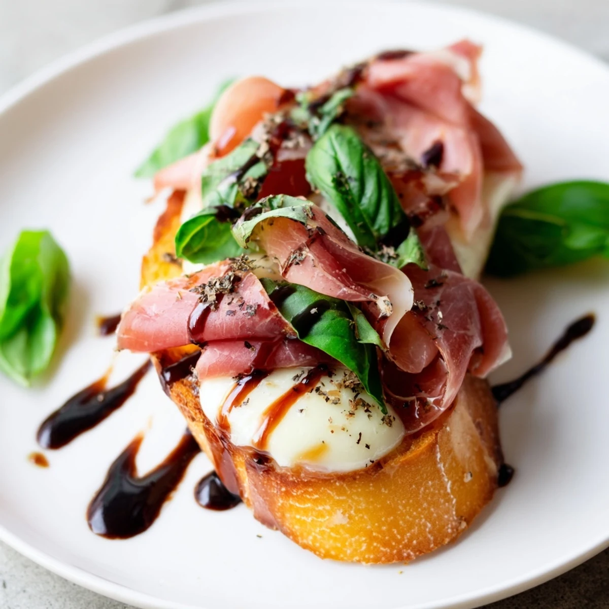 Warm Mozzarella Beef Prosciutto Crostini arranged with fresh basil and balsamic drizzle on a rustic serving platter.