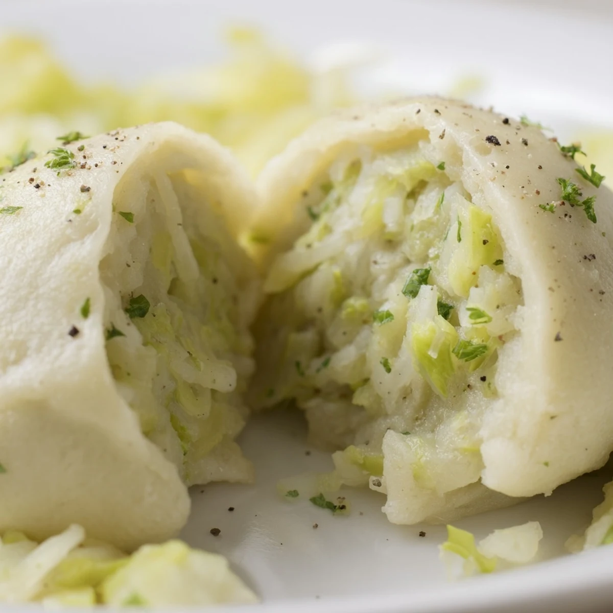 Golden brown German cabbage dumplings simmered in broth, steaming beside fresh parsley garnish on a rustic plate.