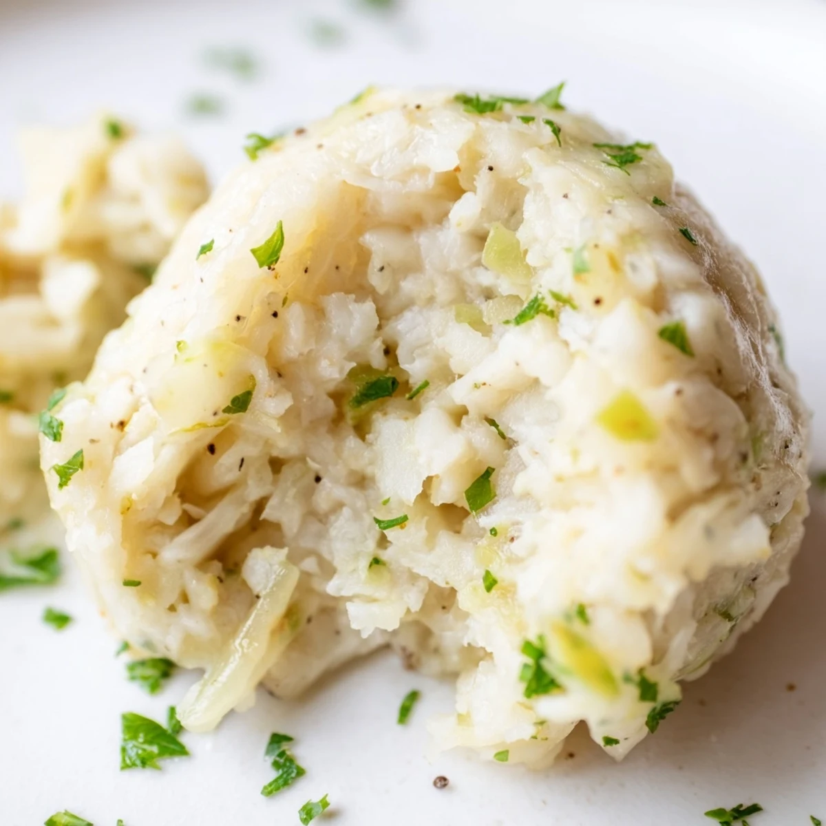 Tender German cabbage dumplings served hot with a rich mushroom sauce, topped with chopped parsley for color.