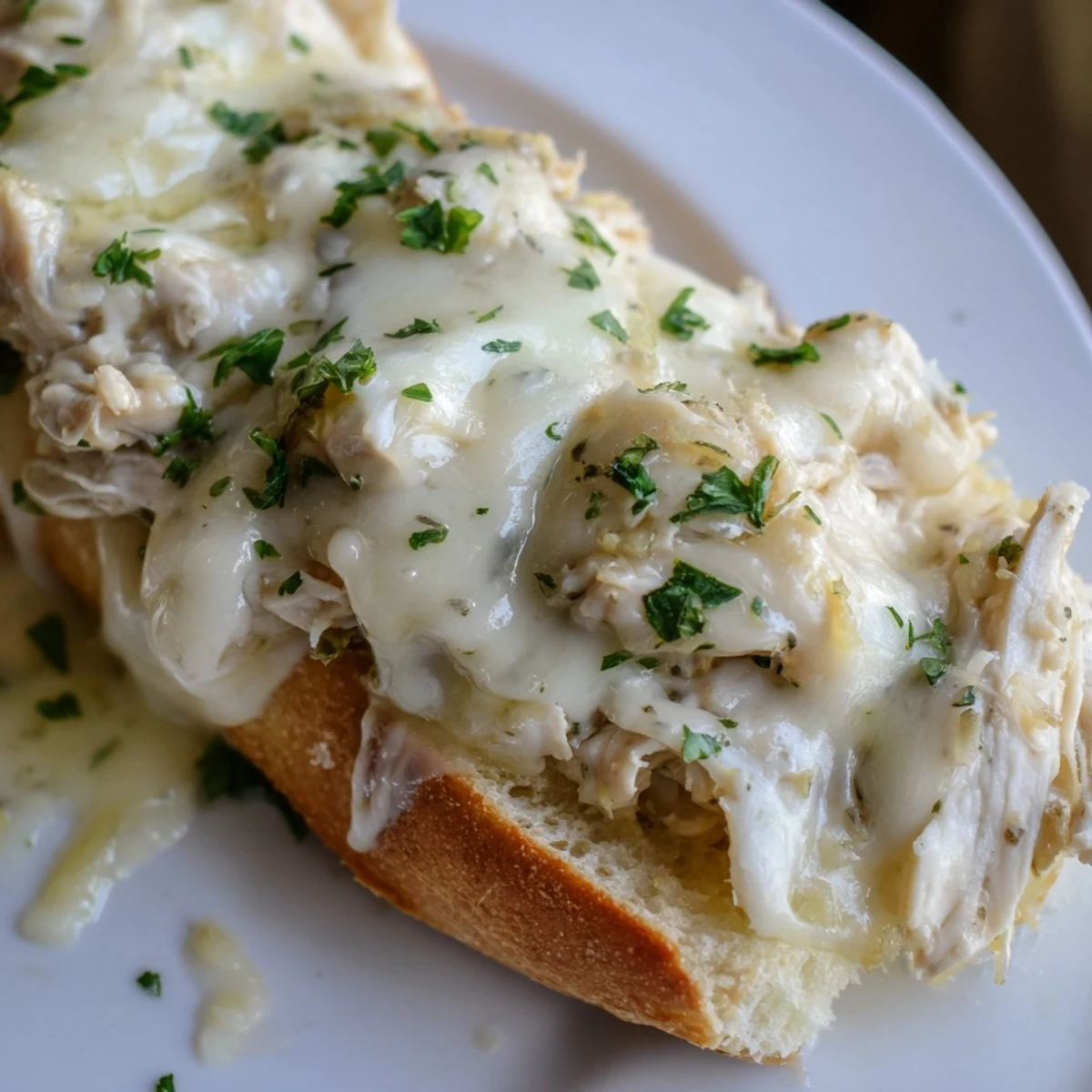 Golden-brown, melted mozzarella and provolone cheeses bubble over creamy chicken Alfredo sauce spread on garlic buttered bread.