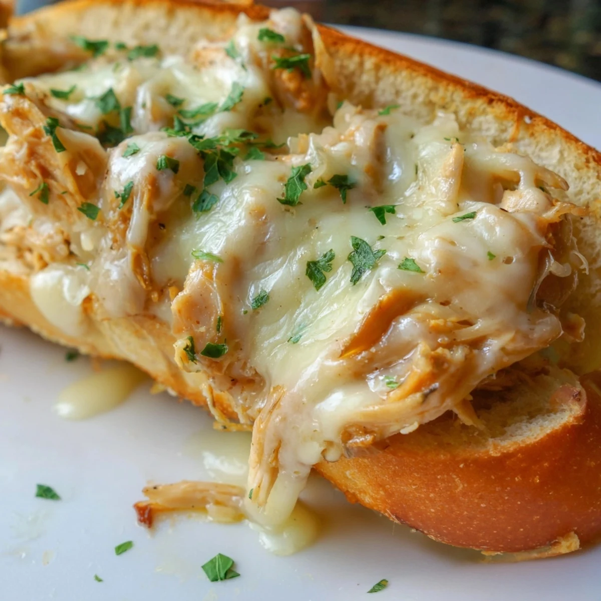 Fresh chopped parsley garnishes the viral Chicken Alfredo Garlic Bread hot from the oven.