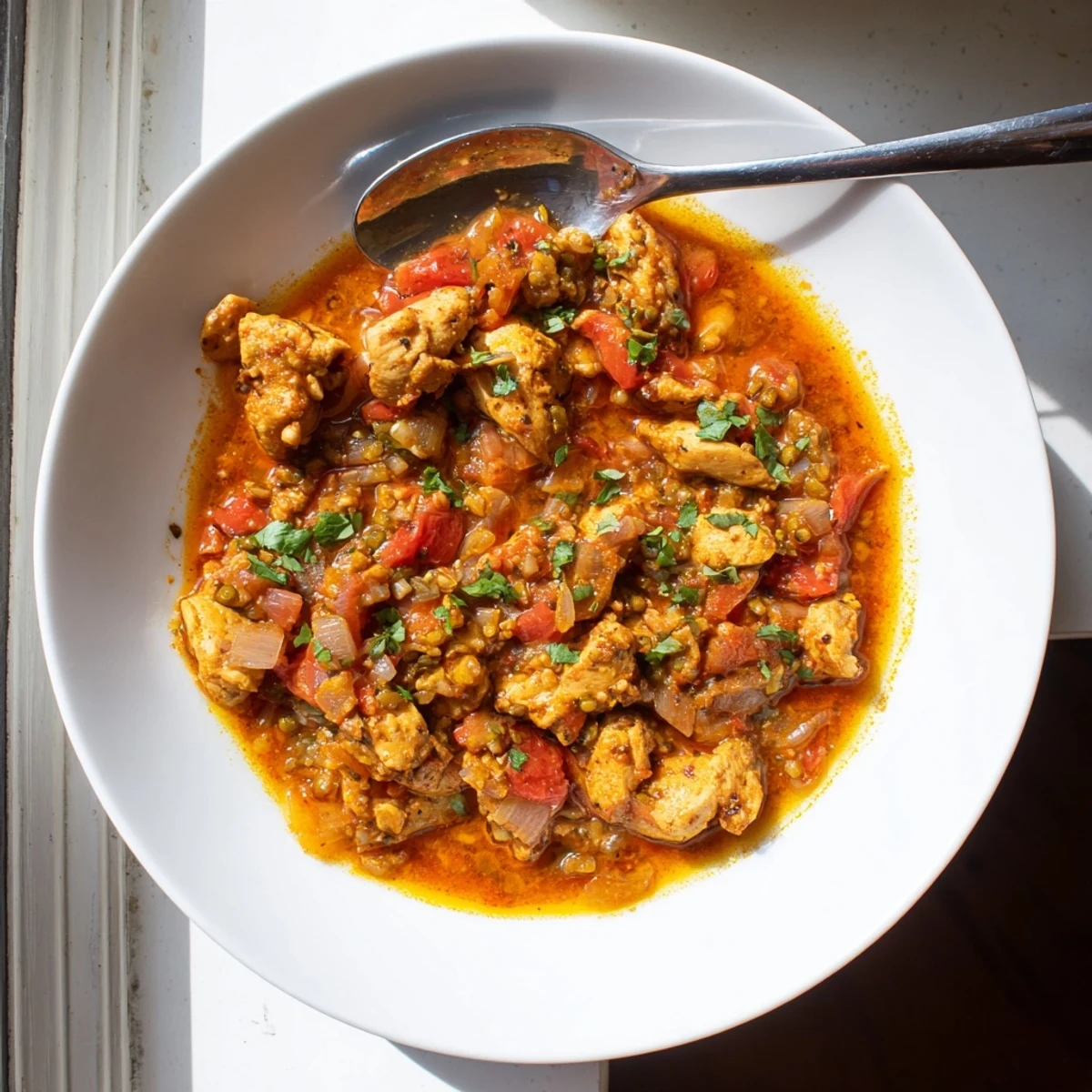 Steaming bowl of Spiced Chicken Curry with Ginger, Garlic & Jalapeño, served with fluffy rice and fresh cilantro garnish.