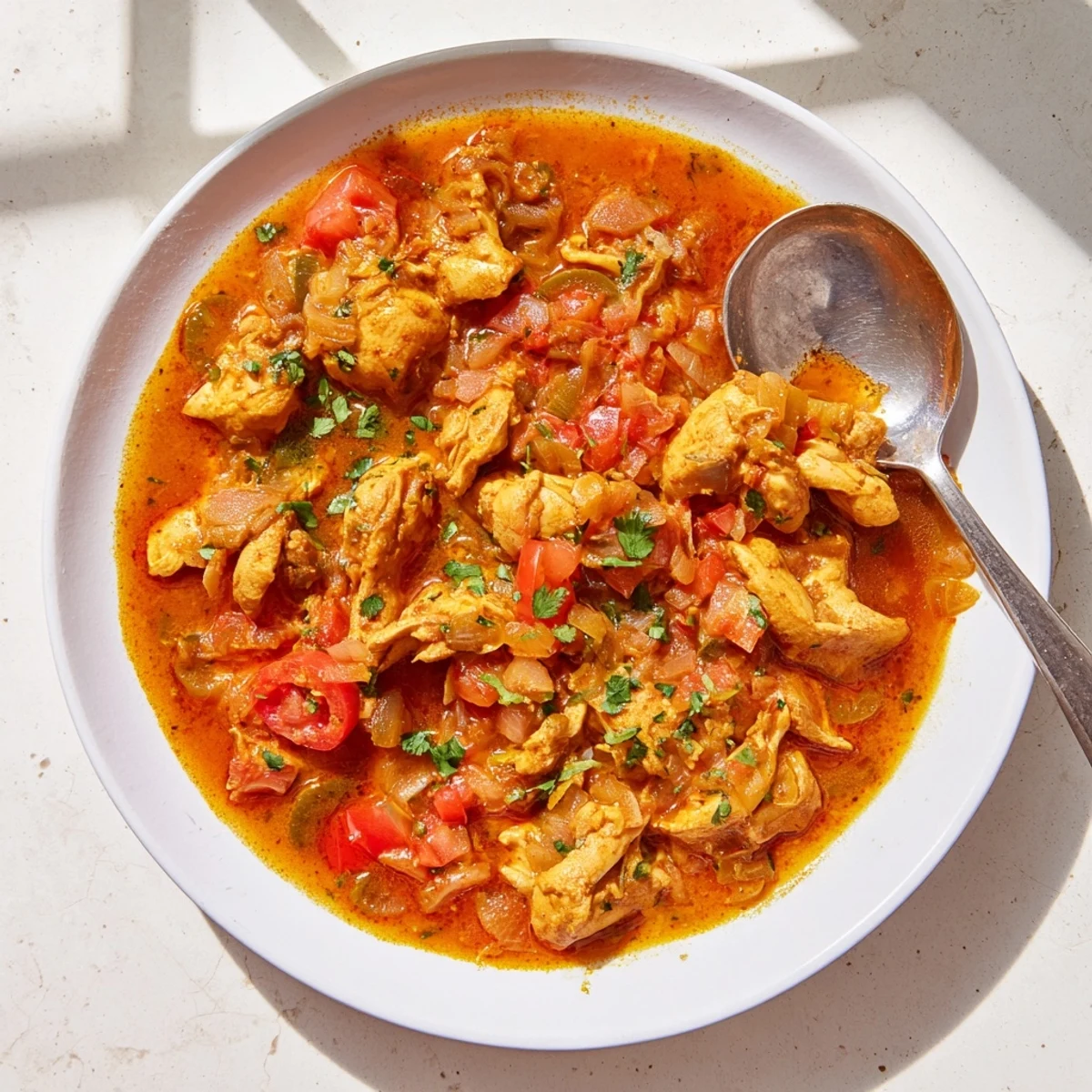 Close-up of Spiced Chicken Curry with Ginger, Garlic & Jalapeño in a skillet, showcasing its rich, glossy sauce and tender chicken chunks.