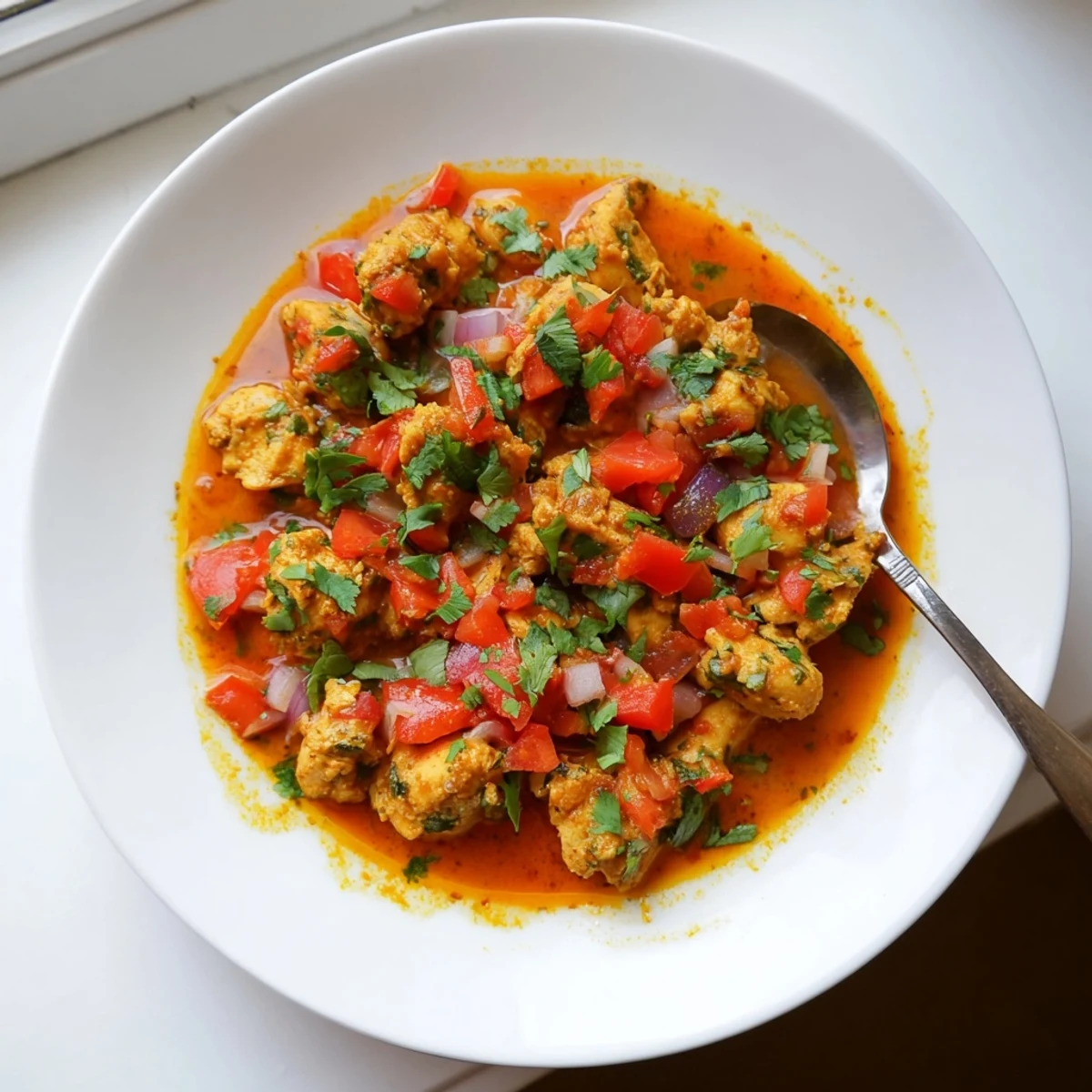 Vibrant plate of Spiced Chicken Curry with Ginger, Garlic & Jalapeño alongside warm naan bread for a delicious, aromatic meal.