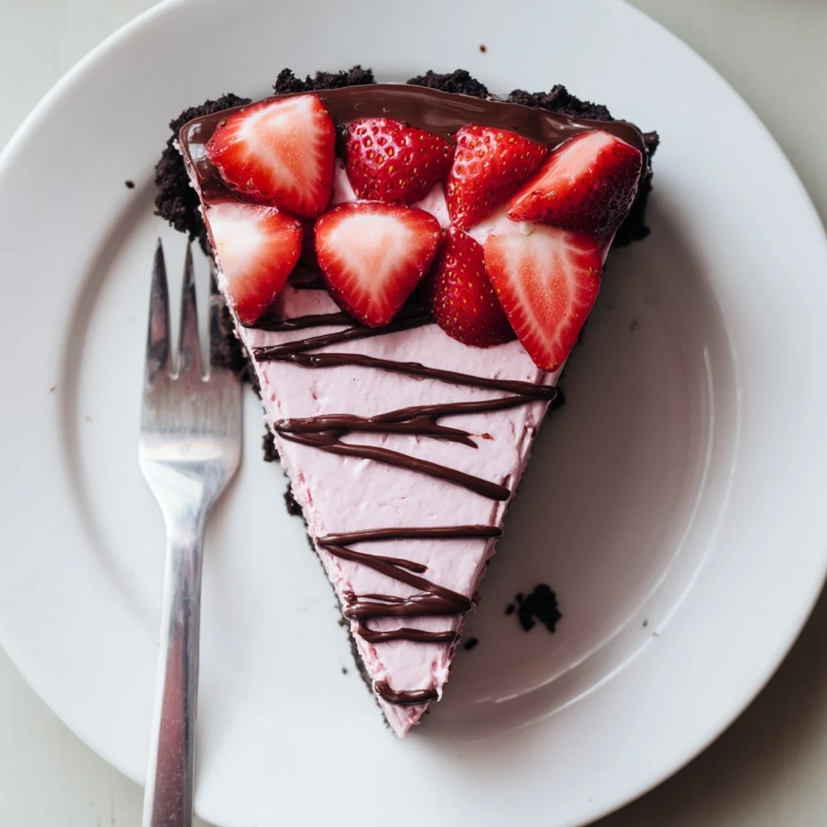 A slice of Chocolate Covered Strawberry Cheesecake showing creamy strawberry filling and chocolate ganache, served on a white plate.