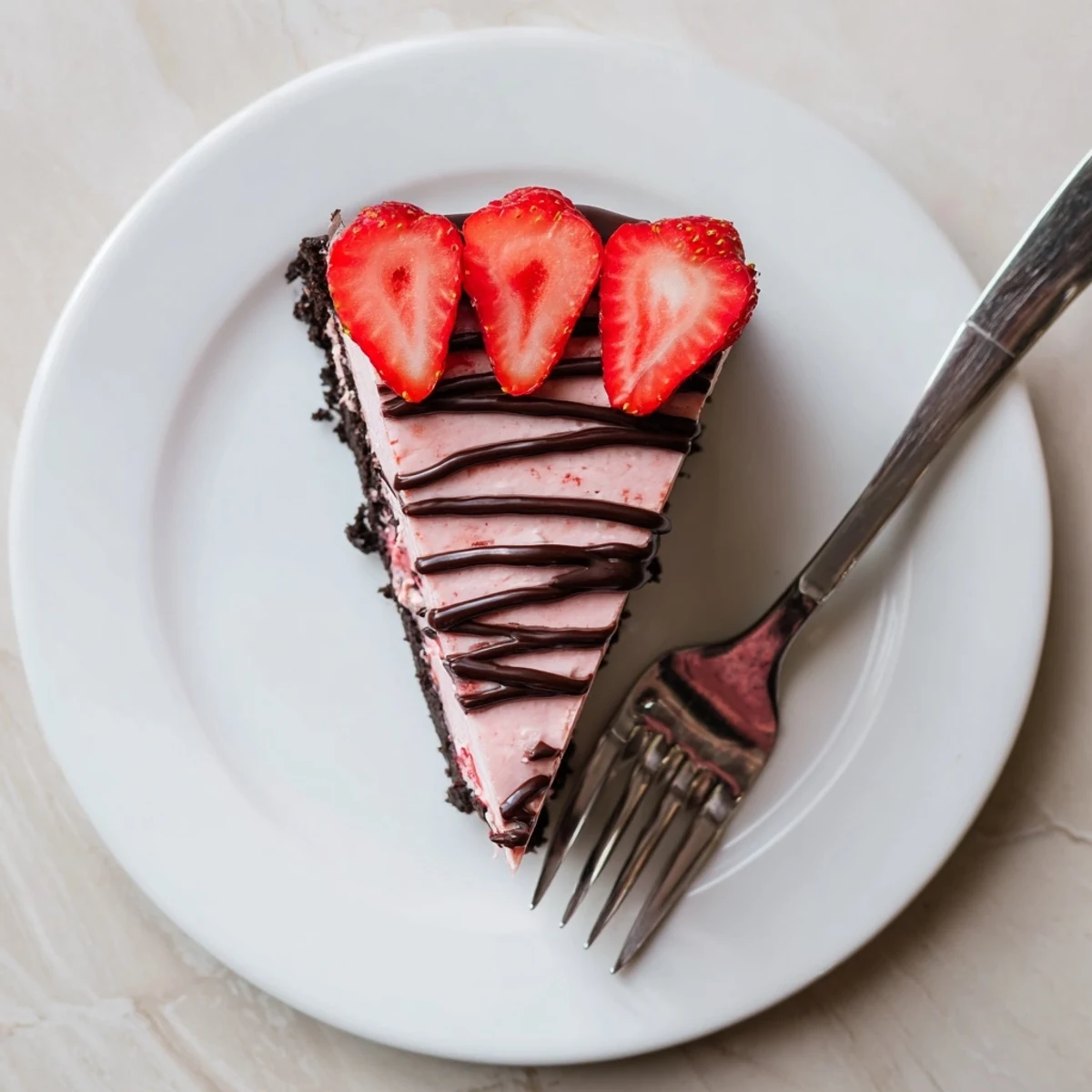 Overhead view of a rich Chocolate Covered Strawberry Cheesecake with a chocolate cookie crust and fresh berry garnish.