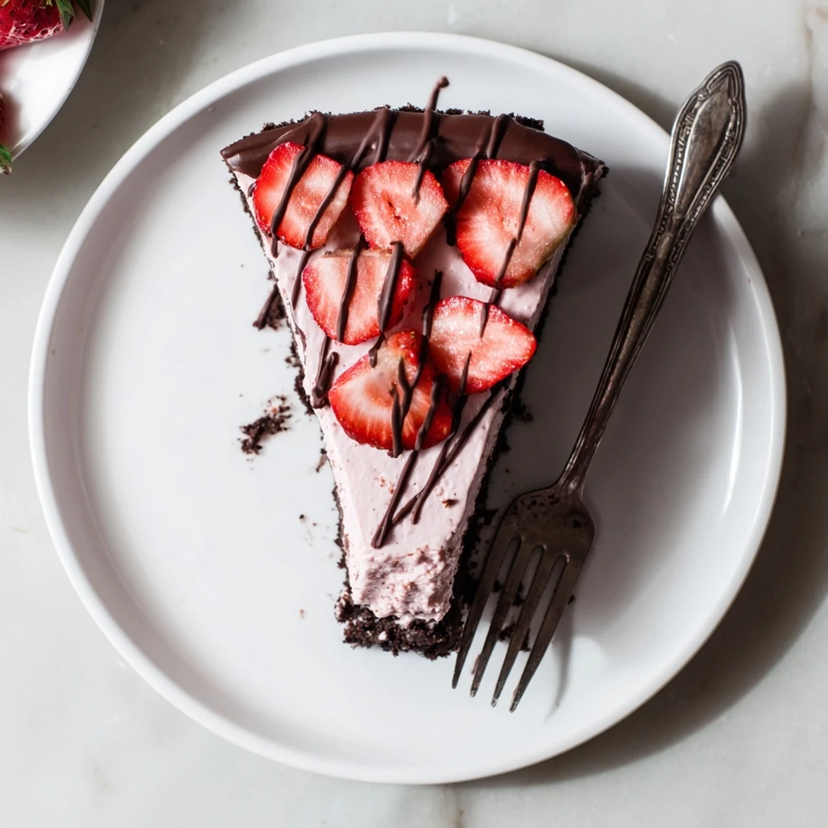 Fresh strawberries and chocolate drizzle top this decadent Chocolate Covered Strawberry Cheesecake, perfect for a celebration dessert.