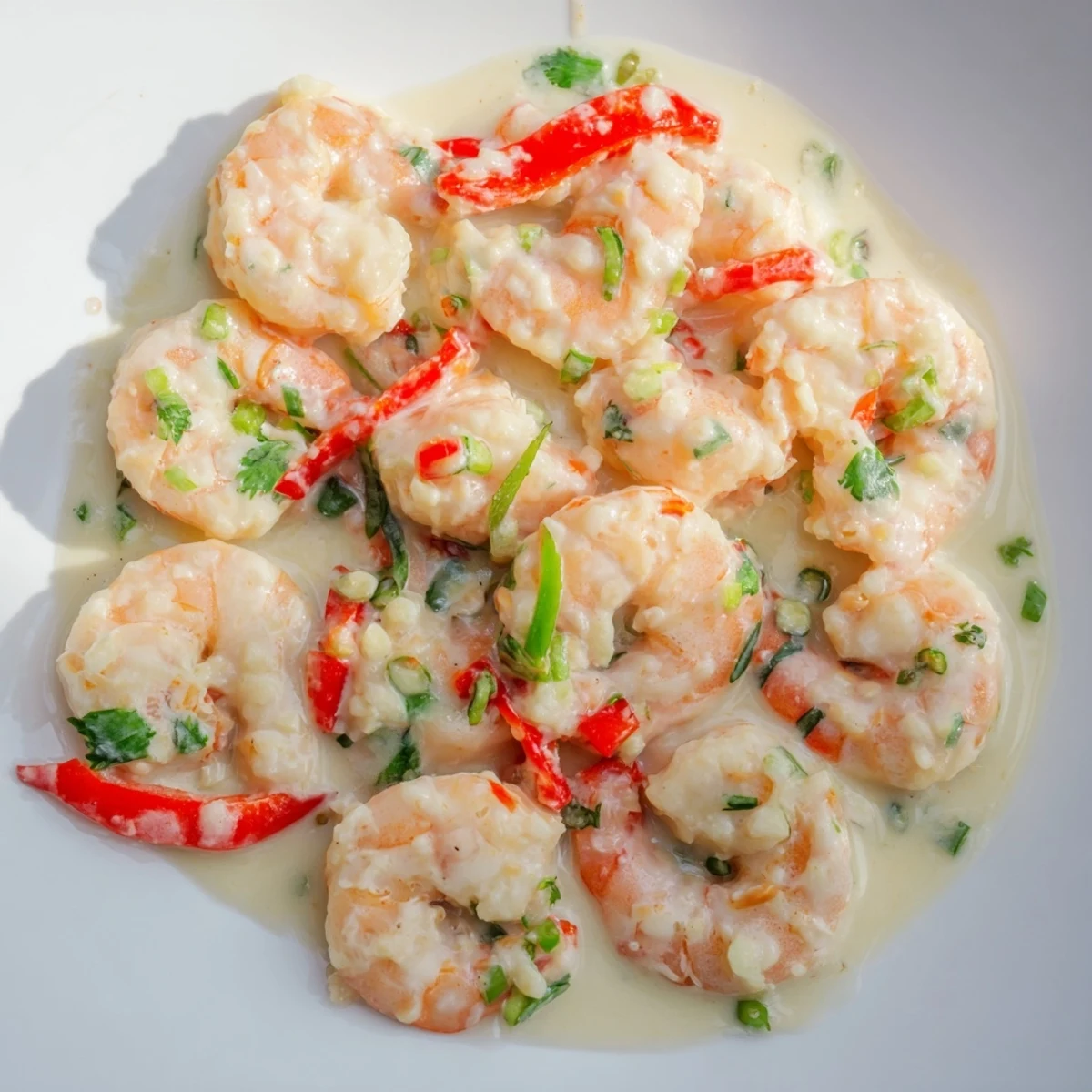 In a warm serving platter, Creamy Coconut Shrimp Buffet Style is topped with fresh spring onions for a festive gathering.