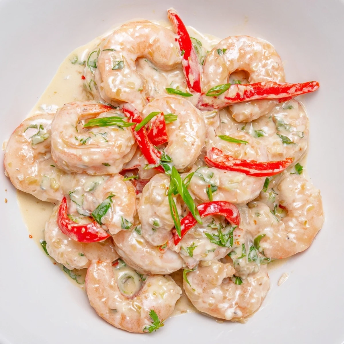 A close-up of Creamy Coconut Shrimp Buffet Style garnished with cilantro and lime, next to fluffy steamed jasmine rice.
