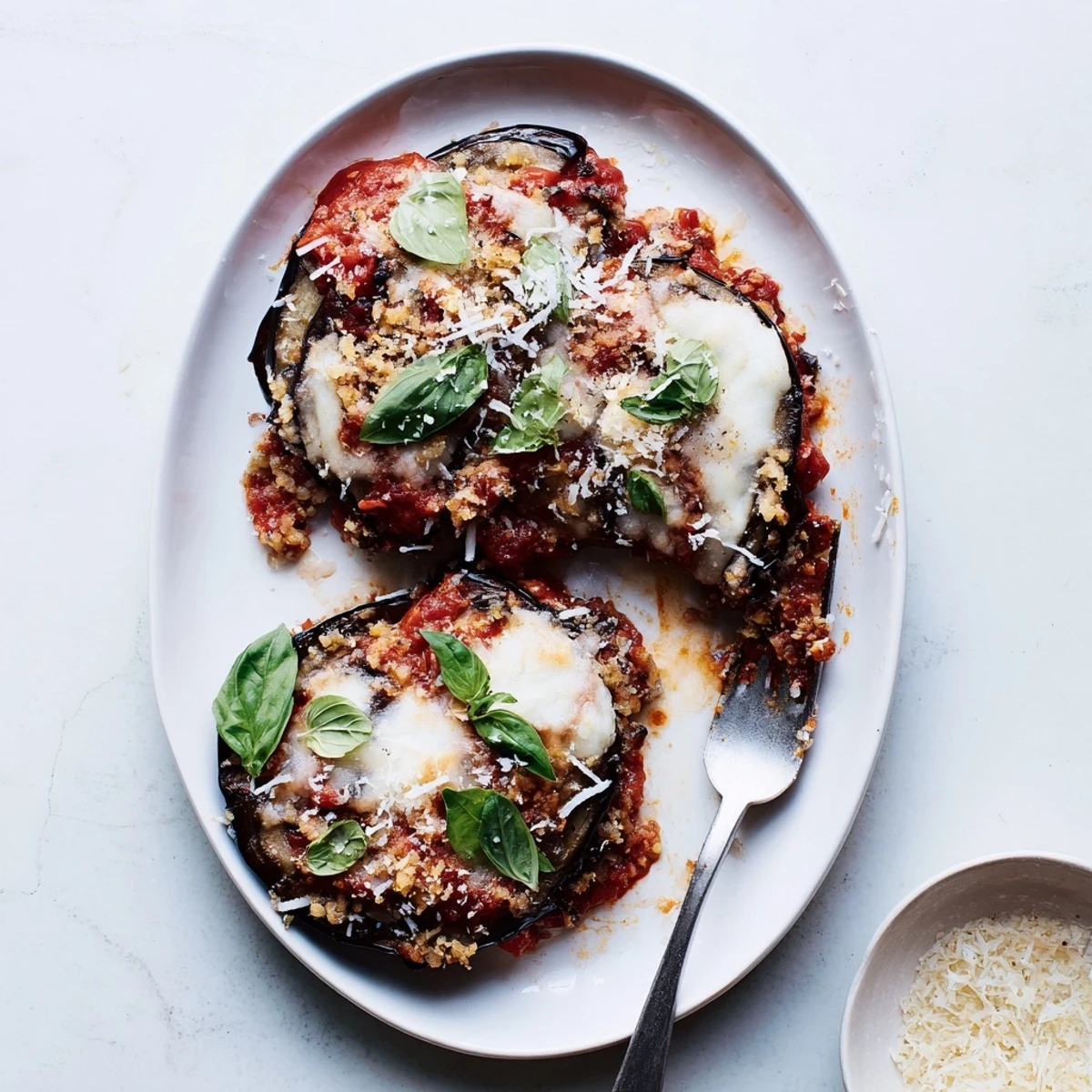 A close-up view of Charred Aubergine Parmigiana with bubbling mozzarella and golden Parmesan in a ceramic baking dish.