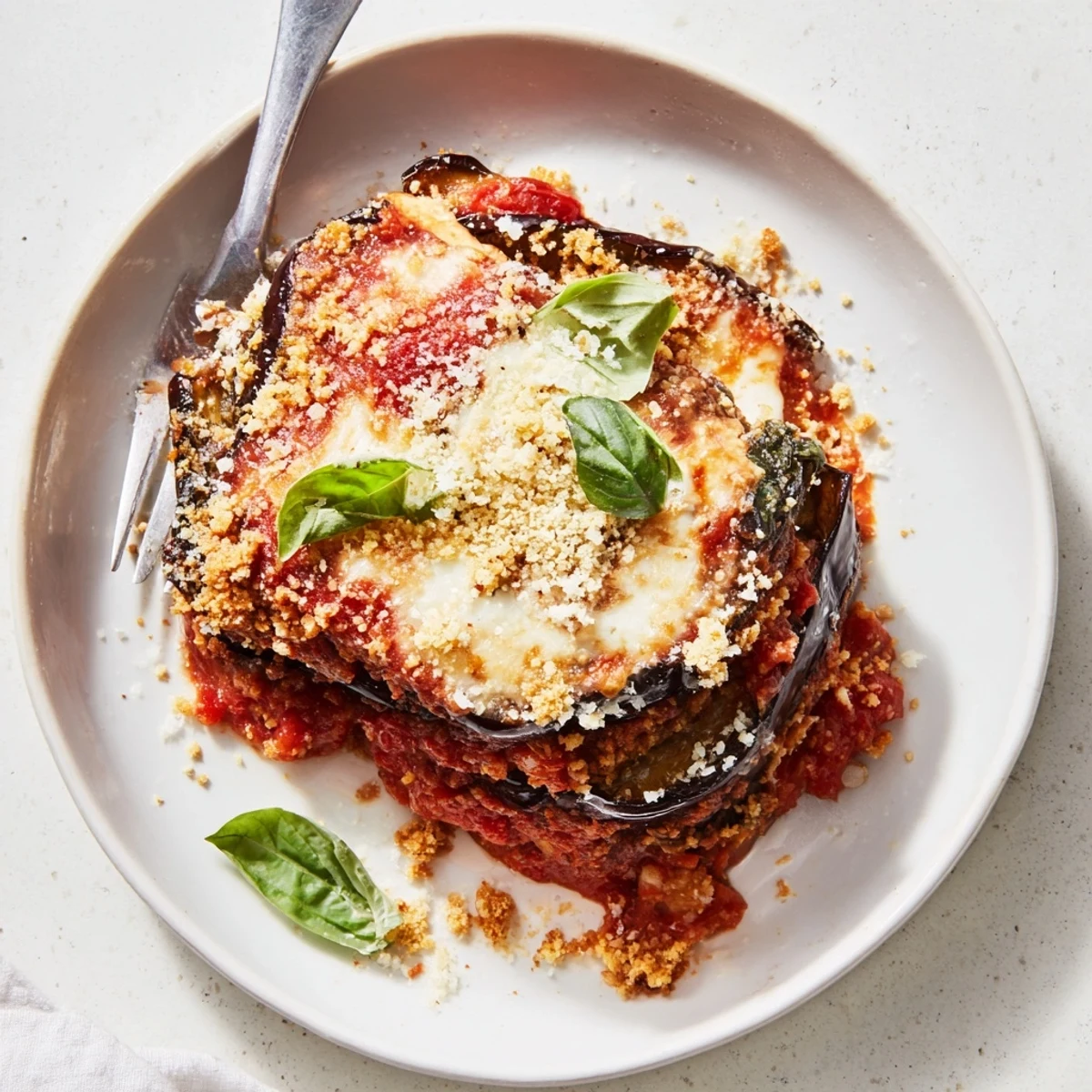 This savory Charred Aubergine Parmigiana features smoky grilled eggplant slices layered with rich tomato sauce and melted cheese.
