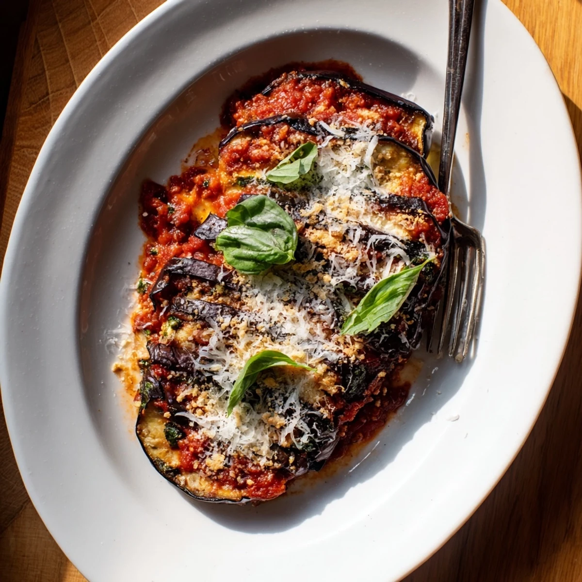 Serve this comforting Charred Aubergine Parmigiana with fresh basil leaves and crusty bread on a rustic wooden table.