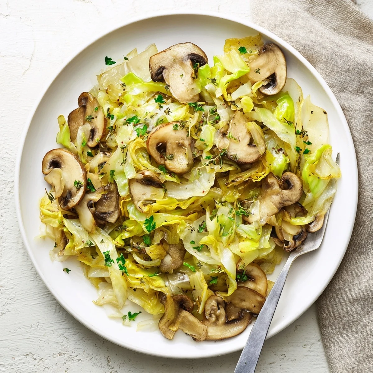 A warm pan of Vegetarian Cabbage Mushroom Sauté pairs beautifully with quinoa on a plate for a light lunch.