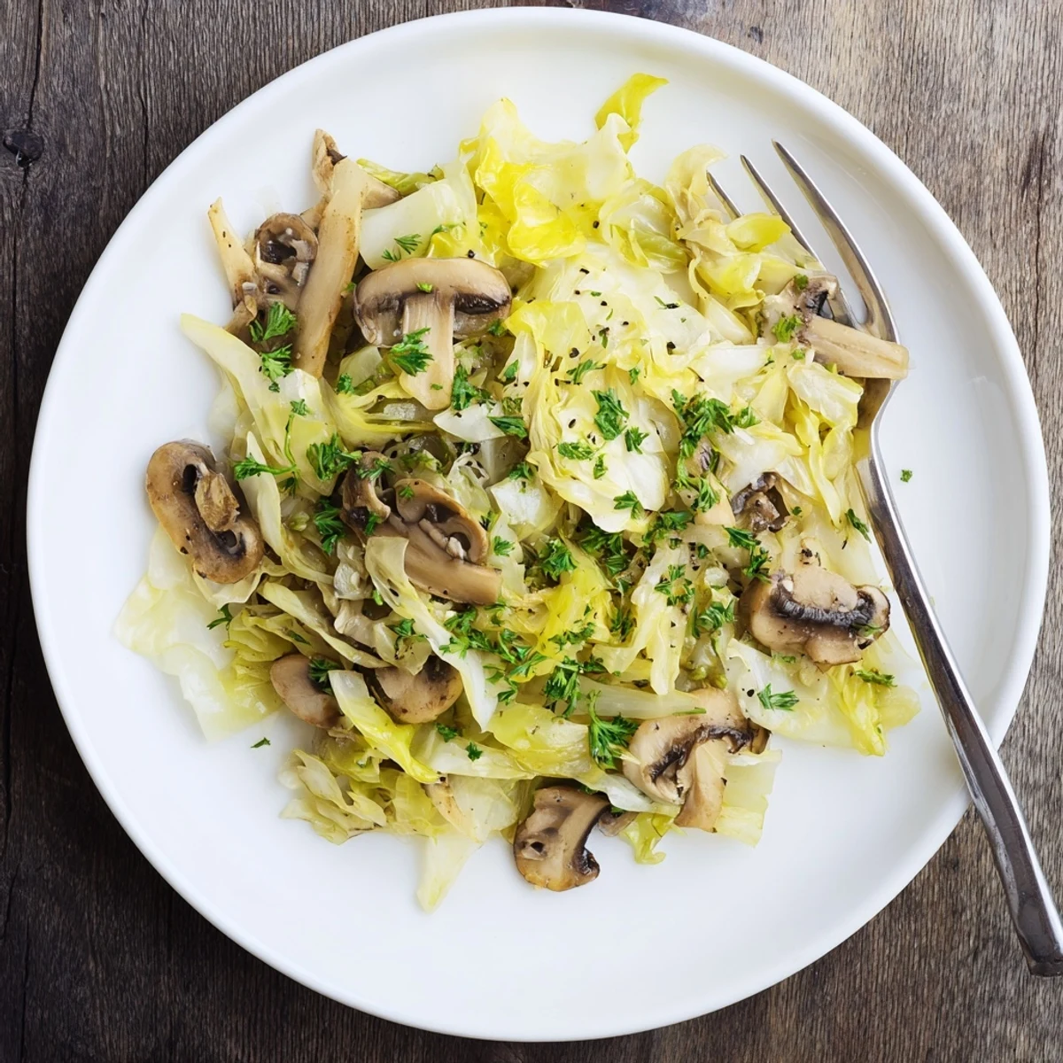 Close-up of a vibrant Vegetarian Cabbage Mushroom Sauté garnished with fresh parsley and ready to serve as a side dish.