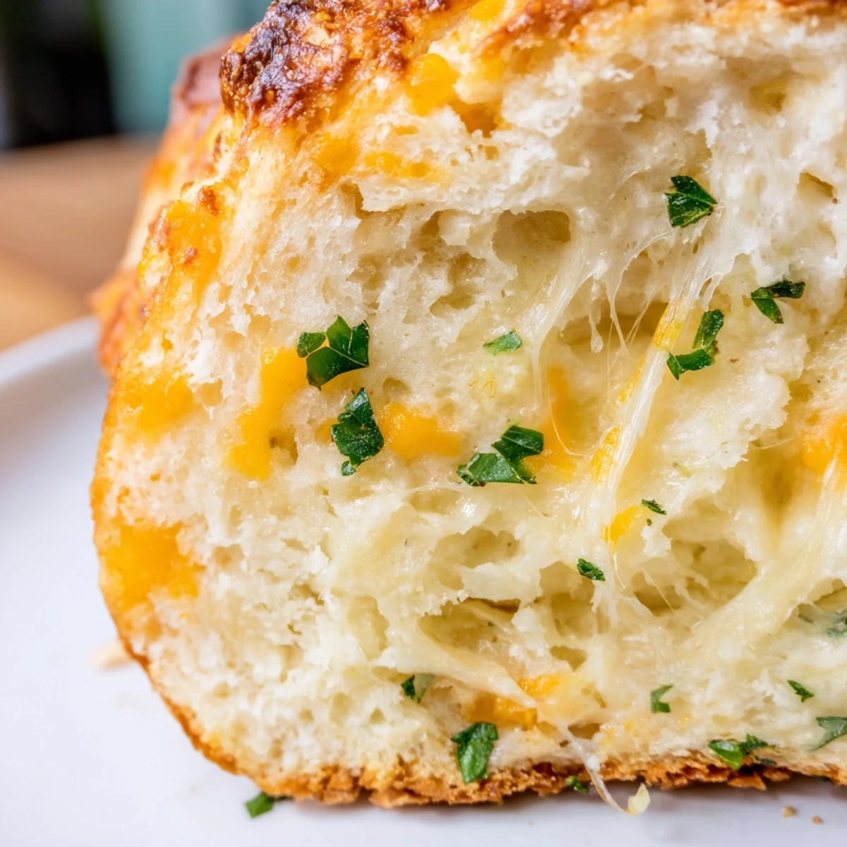 Close-up of a freshly baked Red Lobsters Cheddar Bay Biscuit Loaf with melted cheddar cheese and parsley on top.  