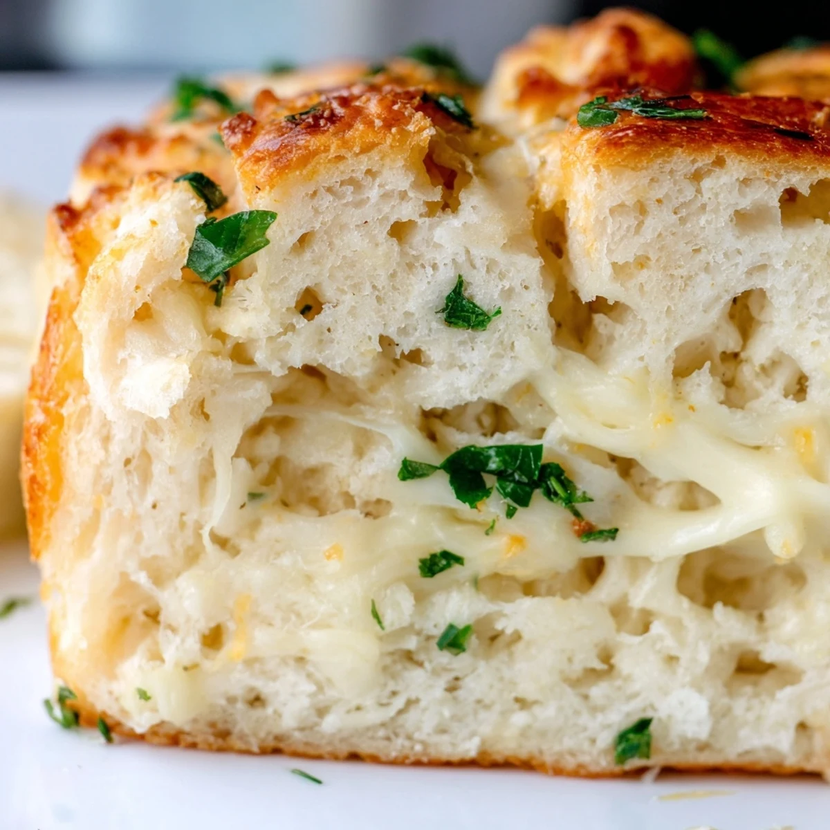 Side view of Red Lobsters Cheddar Bay Biscuit Loaf on a wooden board, ready to be served warm.