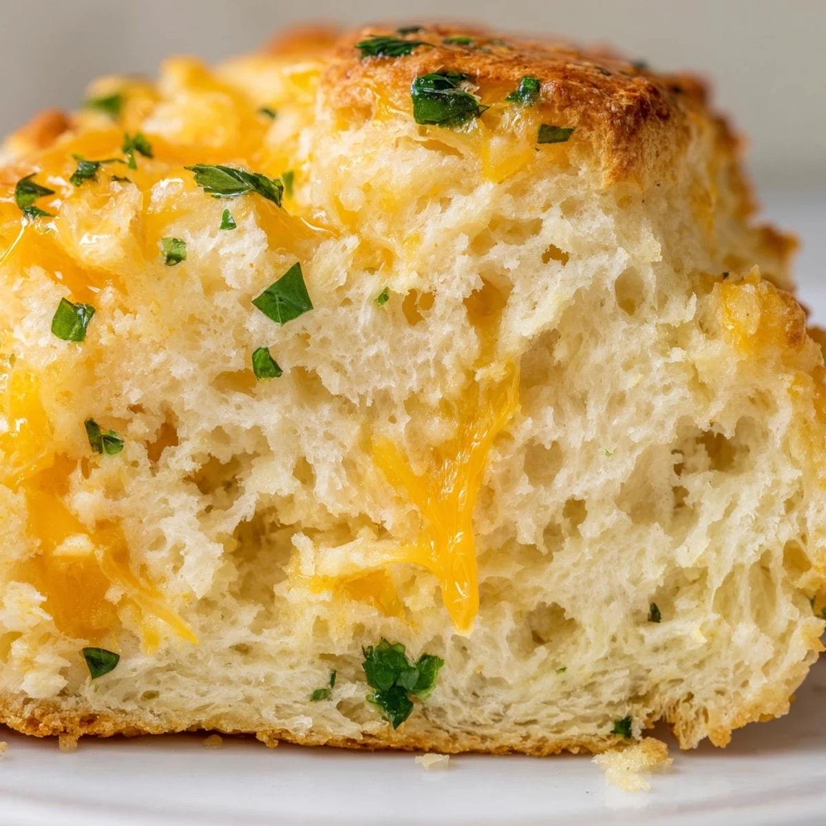 A golden loaf of Red Lobsters Cheddar Bay Biscuit Loaf sliced open, revealing a fluffy, cheesy interior.  